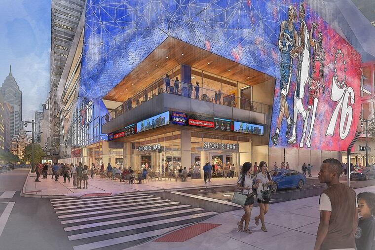 The Sixers say they want to line the planned arena on Market Street with restaurants and other active retail uses. This view shows the proposed arena looking west from the corner of 10th Street.
