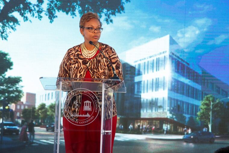 Camden Mayor Dana Redd speaks at a ceremonial groundbreaking for the for the Rutgers-Rowan Health Sciences building in downtown Camden last October.