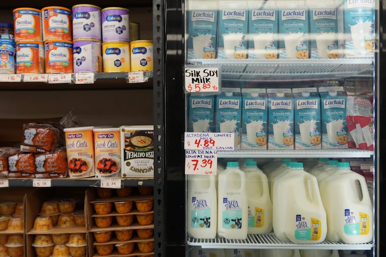 Pantry staples, including infant formula and dairy products, are sold at a market serving the Central American immigrant community in the Westlake/Pico Union area of Los Angeles, Tuesday, April 7, 2026.