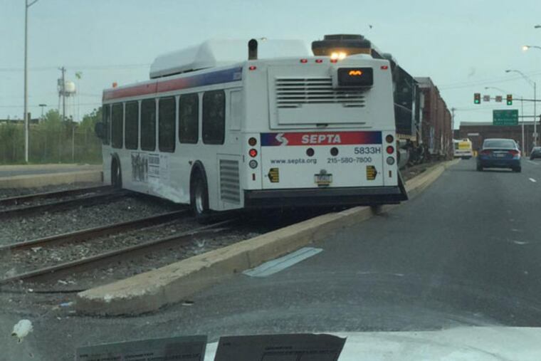 A SEPTA bus ran over a median during rush hour Tuesday afternoon, officials said. (Photo courtesy of Lauren Ferrett)
