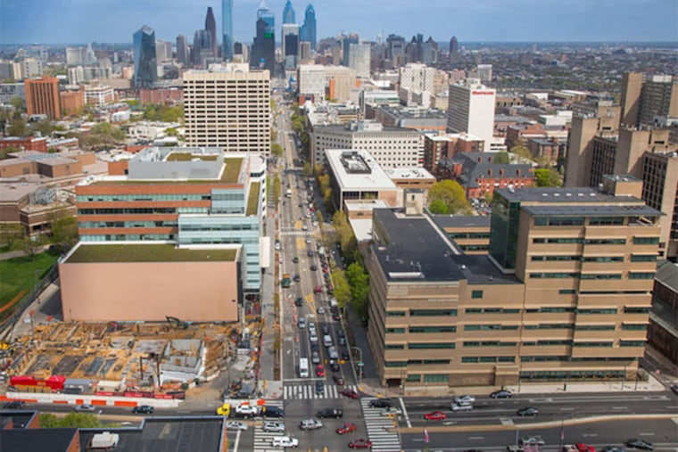 The stretches east toward Center City along both sides of Market Street from 38th Street (foreground) to 34th Street. When the center began, it had one building and, for a time, no tenants. University City Science Center