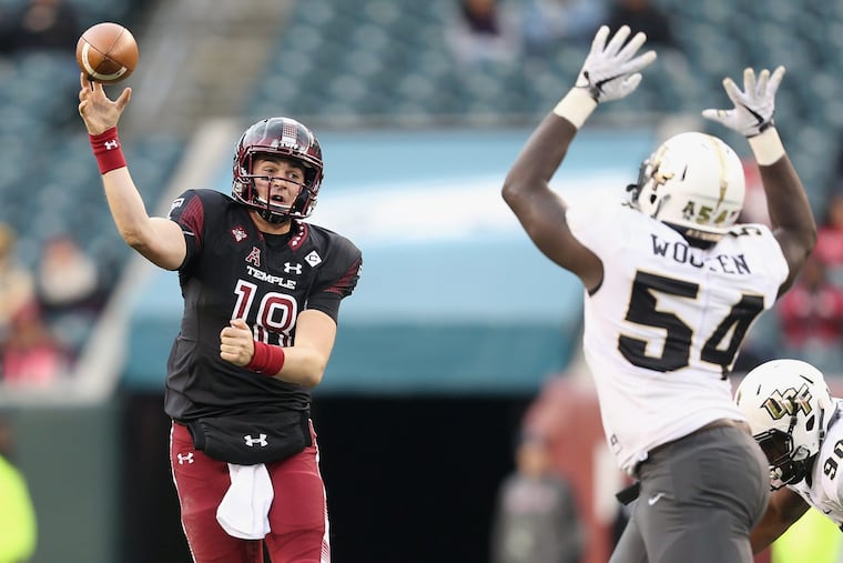 Temple quarterback Frank Nutile (18) throws a pass during a game against UCF at Lincoln Financial Field on Saturday, Nov 18, 2017. TIM TAI / Staff Photographer