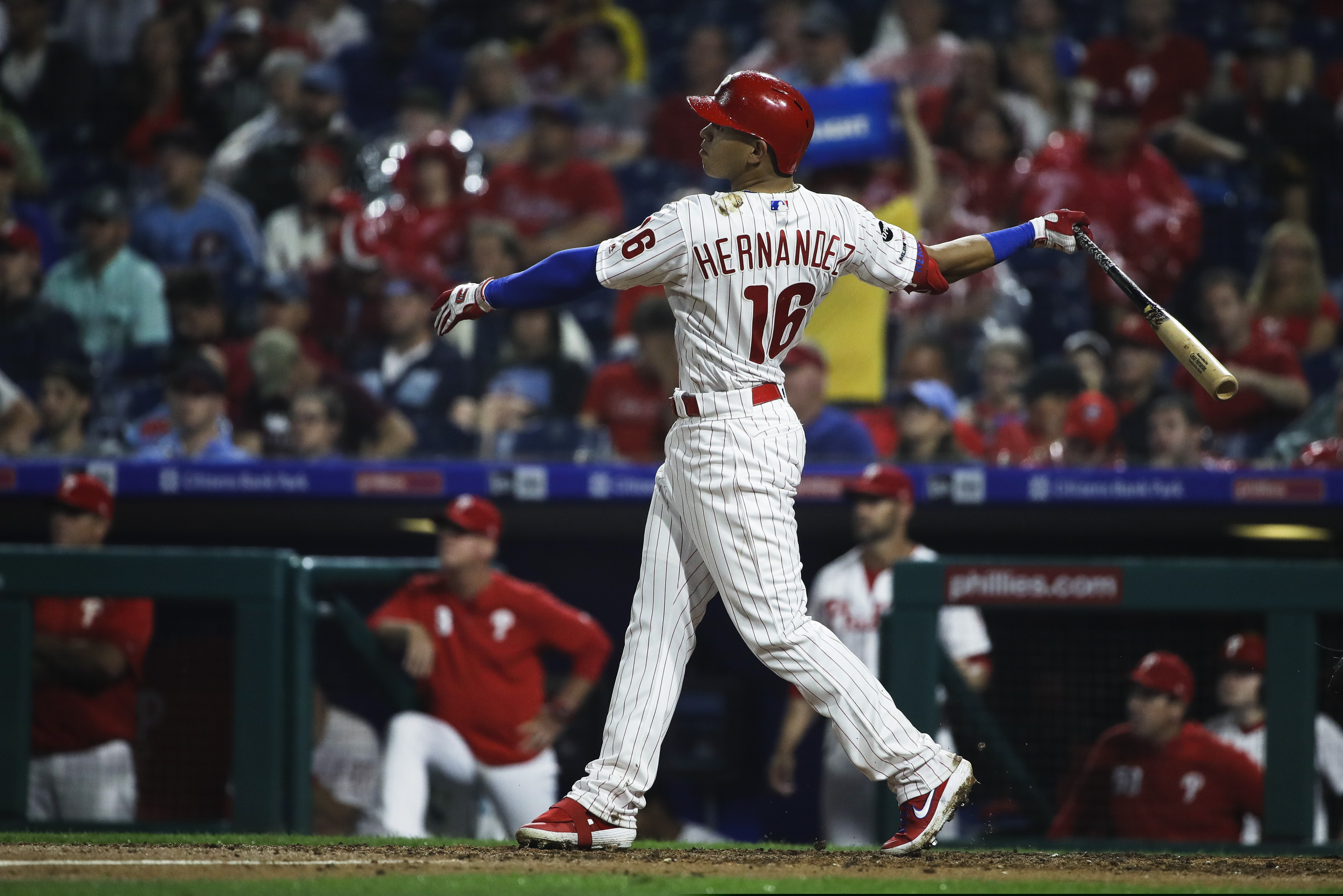 Philadelphia Phillies' Cesar Hernandez follows through after hitting a home run with a run batted in during the fourth inning of a baseball game against the St. Louis Cardinals, Tuesday, May 28, 2019, in Philadelphia. (AP Photo/Matt Rourke)