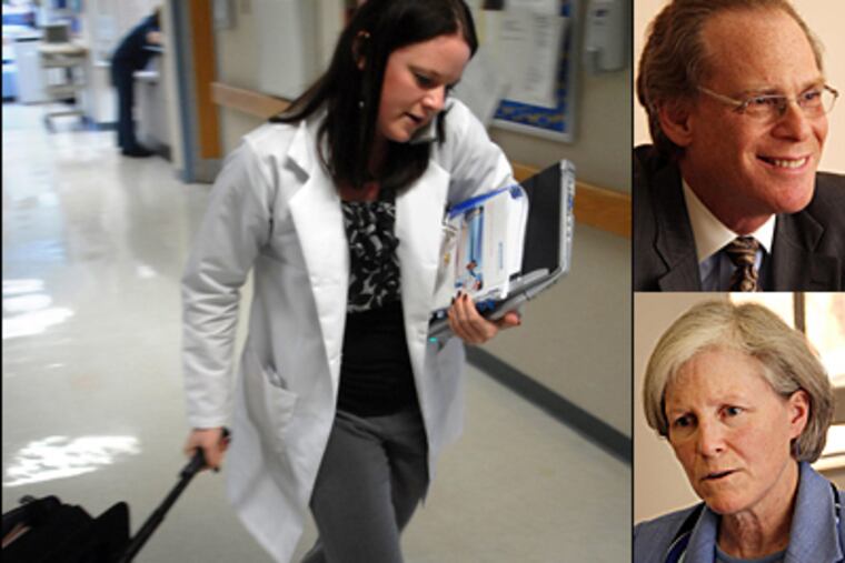 Many uninsured people get primary care at emergency centers such as Abington Memorial Hospital's, where Registered Nurse Tara Pedrick was at work in this file photo. At right, Larry Merlis, Abington's CEO, and Meg McGoldrick, chief operating officer, said they were for the bill.