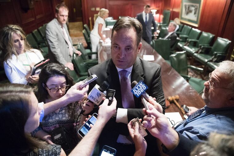 Senate Majority Leader Jake Corman (R., Centre) said “sitting at home” could prolong the budget impasse. (AP Photo/Matt Rourke)
