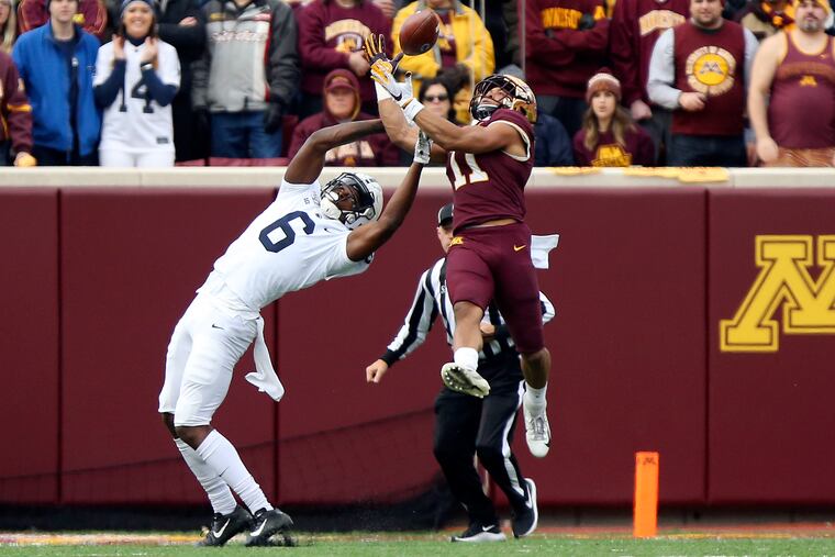 Minnesota defensive back Antoine Winfield Jr. intercepts the ball intended for Penn State wide receiver Justin Shorter (6) during their game in November.