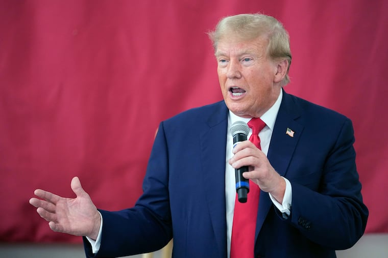 Republican presidential candidate and former President Donald Trump speaks to Texas state troopers and guardsmen at the South Texas International Airport earlier this month in Edinburg, Texas.
