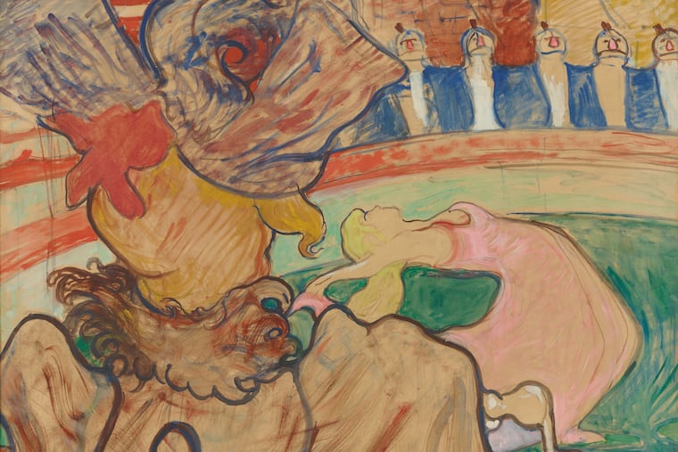 Detail from Henri de Toulouse-Lautrec's "At the Nouveau Cirque: The Dancer and the Five Stiff Shirts" (1892), at the Philadelphia Museum of Art.