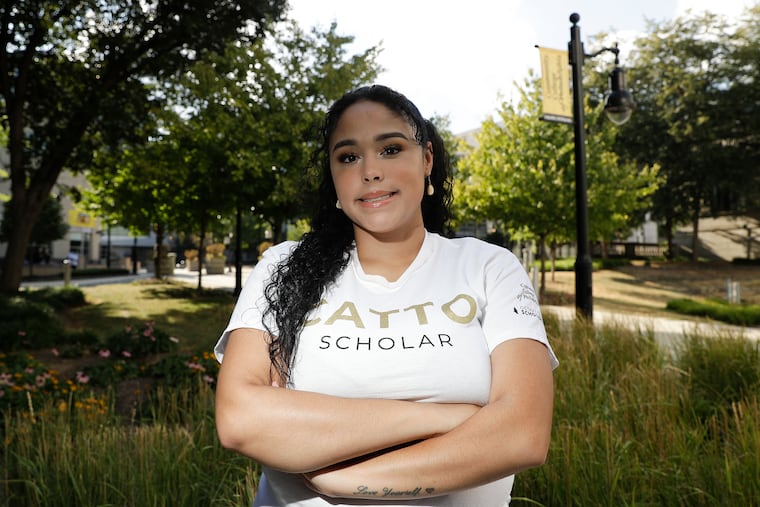 Trinity Pritchette, a Catto scholar, stands outside the Bonnell Building at the Community College of Philadelphia, where she is taking a summer class.