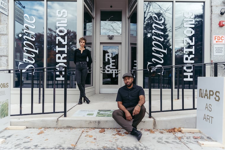 Artist Gralin Hughes Jr. and curator Nicole Pollard outside "Supine Horizons," an immersive rest installation on view at Kinesics Dance Dynamics (KDD) Theatre in Germantown. Courtesy of Philadelphia Contemporary.
