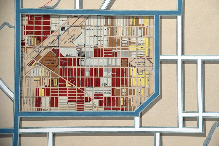 A map showing the redlining of the area around 23rd Street, Ridge Avenue, and Columbia Avenue (since renamed Cecil B. Moore Avenue) in North Philadelphia. The map was created by a private company and given to the city in 1944.