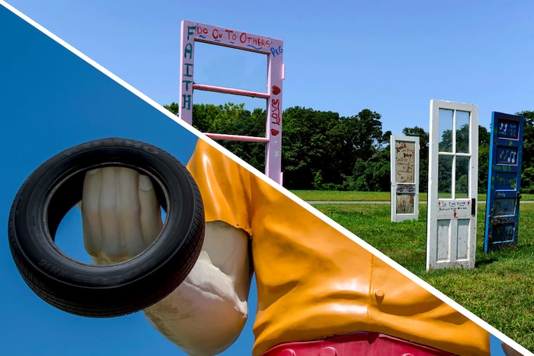 Throughout the world, an argument has been raging on the Internet: Are there more wheels or doors? A meme like this captures people's imaginations. At left, a vintage “Muffler Man” fiberglas figure holds a tire at Royal Tire & Auto on the White Horse Pike in Magnolia, N.J. in 2018. The doors at right invite passersby to stop at the Asbury United Methodist Church on Route 9 in Cape May County in the summer of 2014.