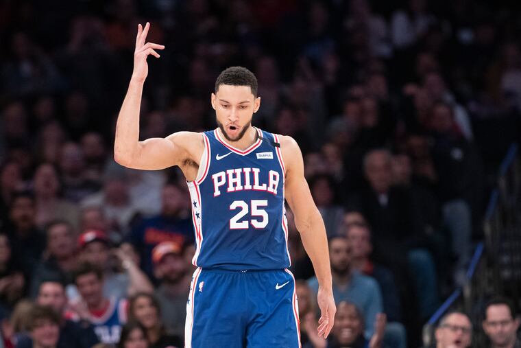 Philadelphia 76ers guard Ben Simmons reacts after scoring a three-point basket in the second half of an NBA basketball game against the New York Knicks, Saturday, Jan. 18, 2020, at Madison Square Garden in New York. (AP Photo/Mary Altaffer)