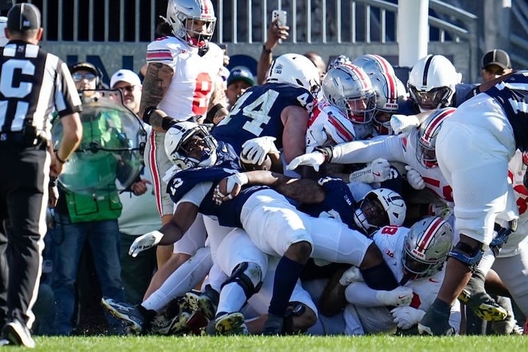 Penn State running back Kaytron Allen is stopped at the goal line by the Ohio State defense in their matchup last year. This year, with the game at Ohio Stadium, Allen will be relied on a great deal.