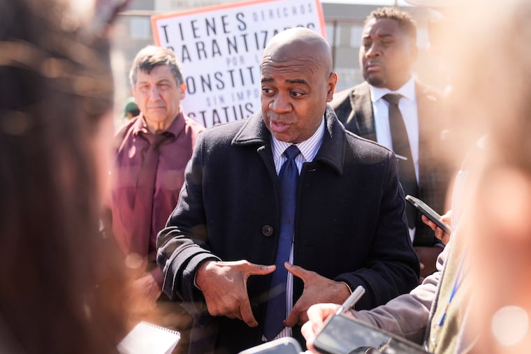 Newark mayor and gubernatorial candidate Ras Baraka speaks to reporters after a protest in front of of Delaney Hall, the proposed site of an immigrant detention center, in Newark, N.J., March 11, 2025.