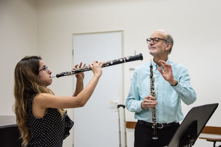 Philadelphia Orchestra principal oboist Richard Woodhams teaching a master class at Tel Aviv's Buchmann-Mehta School of Music during the orchestra's 2018 tour of Israel.