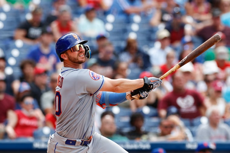 Pete Alonso of the New York Mets batting against the Phillies on June 25. Pete Alonso won the Home Run Derby in 2019 and 2021.