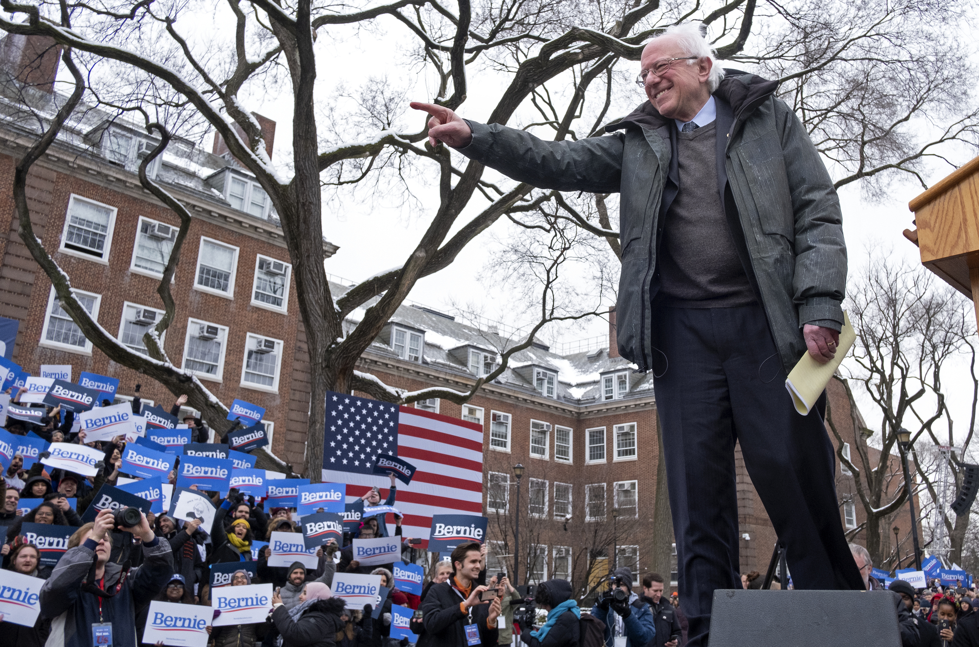 Sen. Bernie Sanders (I-Vt.) arrives to the stage as he kicks off his 2020 presidential campaign Saturday, March 2, 2019, in the Brooklyn borough of New York.