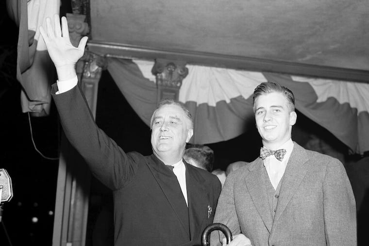 John E. Mack, who introduced President Franklin Roosevelt at the Democratic National Convention in Philadelphia introduced the president again when the latter made one of his final speeches in his campaign for re-election in Poughkeepsie, New York on Nov. 2, 1936. Mr. Roosevelt spoke from a balcony of the Nelson house. Left to right: President and John Roosevelt.