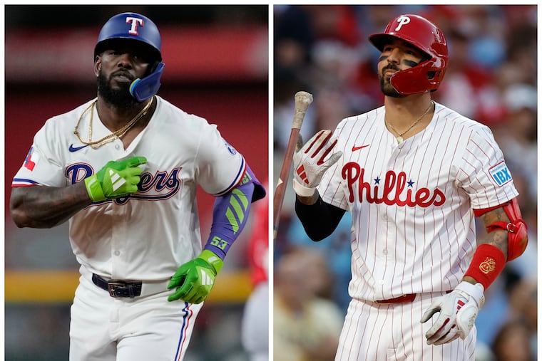 The Phillies believe Adolis García (left) has more upside than Nick Castellanos, but it's a low bar.