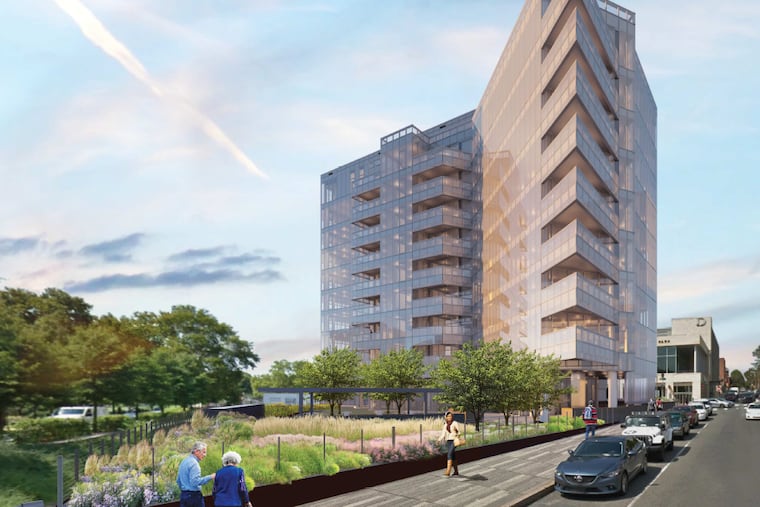 The newest design for 2100 Hamilton would include a deck over the submerged rail line where the Friends of the Rail Park hope to create a new park that connects to the Reading Viaduct.