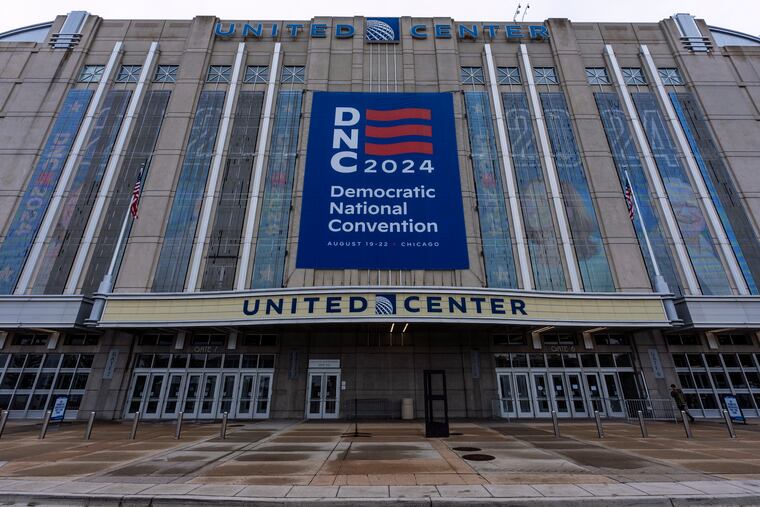 Work continues at the United Center before the upcoming Democratic National Convention on Thursday in Chicago.