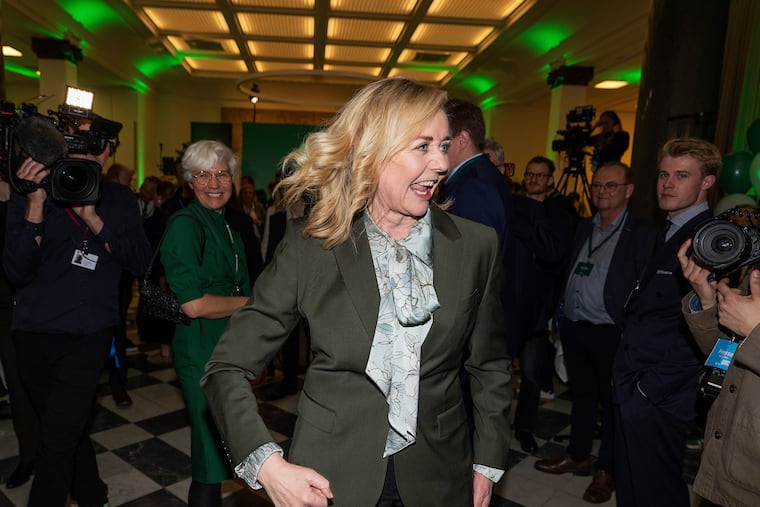 Mona Juul, leader of the Conservative People's Party, arrives at an election party Tuesday at Tietgen's House in Copenhagen.