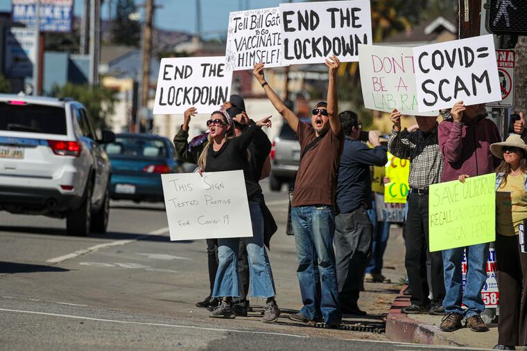 A protest organized by Shop Mask Free Los Angeles rally against the COVID-19 vaccine, masks and lockdowns, at Dodger Stadium in Los Angeles in 2021.