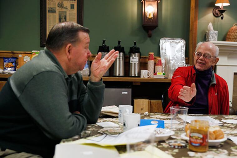 Caregivers share stories and techniques of dealing with the stresses associated with caring for others. Ray Miller of Columbia MD (left) and David Hale of Philadelphia talk during the meeting at the Barn, Colonial Inn in Galloway Township, NJ on Monday, November 4, 2013 (Tom Briglia/For the Inquirer)