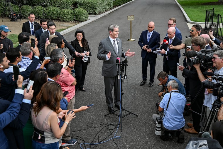 Treasury Secretary Scott Bessent speaks to reporters outside of the White House in Washington, Aug. 20, 2026. President Trump vowed to inflict an “economic D-Day” on Iran, as well as to punish countries that “provide any type of lifeline” to the country.