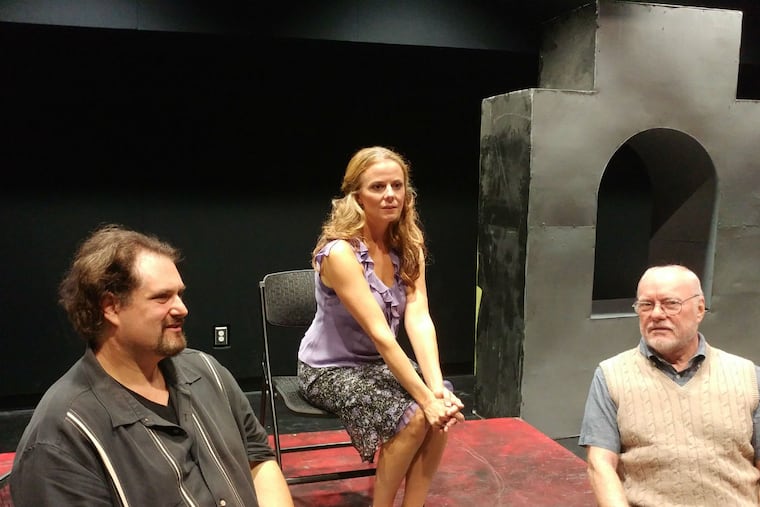 (Left to right:) Ethan Lipkin as Frank Sweeney, Kirsten Quinn as Molly Sweeney and Michael Toner as Mr. Rice in the Irish Heritage Theatre's production of "Molly Sweeney" at Walnut Street Theatre's Studio 5.