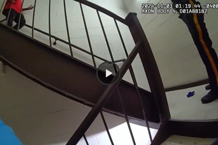 Image from body cam video shows Keith Edelin holding what appears to be a knife as he takes steps toward Haddon Township Police Officer Luke Falkenberg.