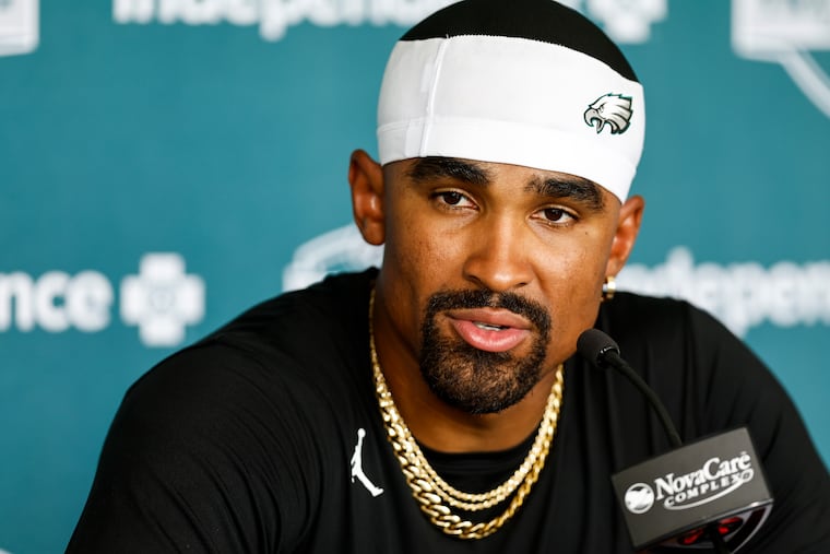 Eagles quarterback Jalen Hurts speaks during the first day of training camp at the NovaCare Complex on Wednesday, July 23, 2025.