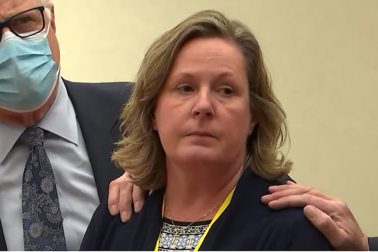 In this screen grab from video, former Brooklyn Center Police Officer Kim Potter stands with defense attorney Earl Gray as the verdict is read Thursday.