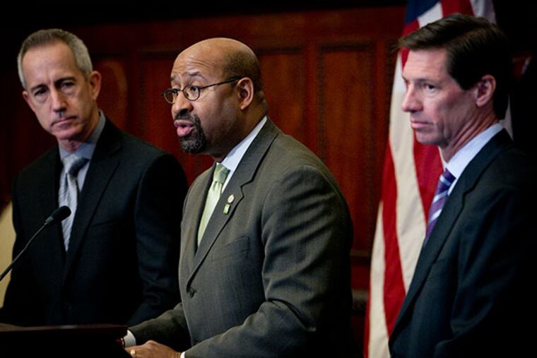 From left are Craig White, President and CEO of PGW, Philadelphia Mayor Michael Nutter and James Torgenson, President of UIL Holding Corp., a prospective buyer of PGW from the city of Philadelphia in Mayor's Reception Room at Philadelphia City Hall on Monday, March 3, 2014. ( ALEJANDRO A. ALVAREZ / STAFF PHOTOGRAPHER )