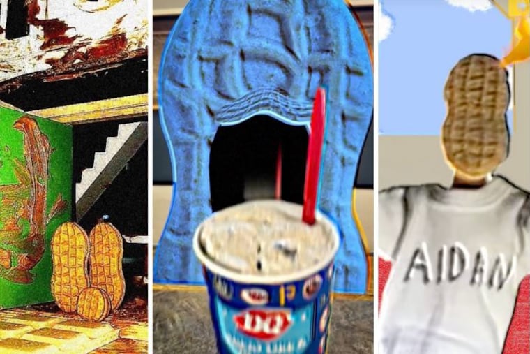 Screenshots of videos from the official TikTok for cookie brand Nutter Butter, which has amassed over 1.1 million followers due to its absurdist, borderline nonsensical posting style.