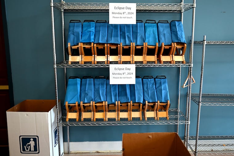 Eclipse viewing devices are at the ready at the Franklin Institute on Sunday.