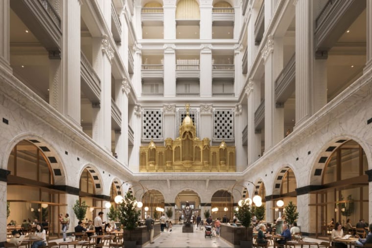 A rendering of TF Cornerstone's new plan for the interior of the Wanamaker building's retail space, with the old skylight uncovered.