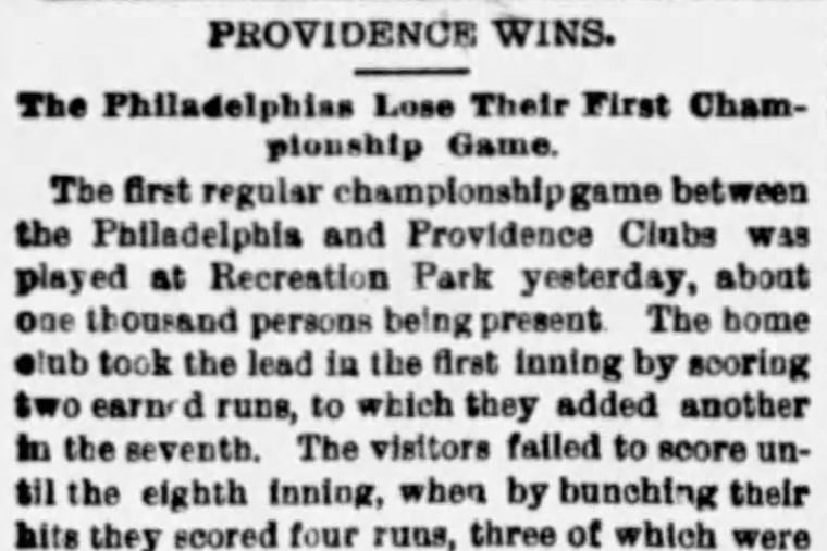The Inquirer's first-ever Phillies game story, which appeared in the newspaper on May 2, 1883.