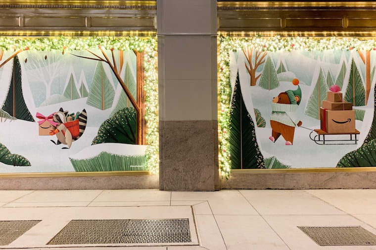 Large screen prints and three-dimensional montages of Laura Moyer’s creations fill the windows of New York City’s Amazon building on Fifth Avenue.