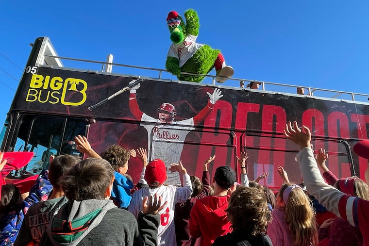 The Phanatic entertains the Edison Elementary students. His double-decker bus was loaded with rally towels and plenty of “Phillies phun.”