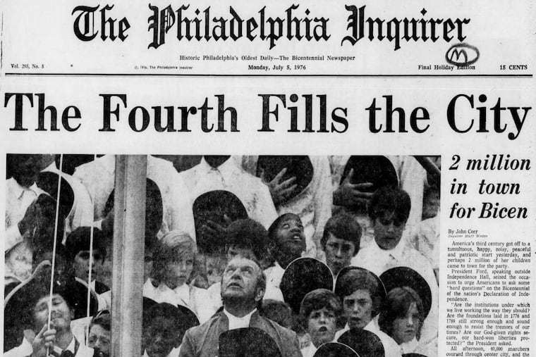 The Philadelphia Inquirer's July 5, 1976, front page details attendance in the city during the Bicentennial that year.