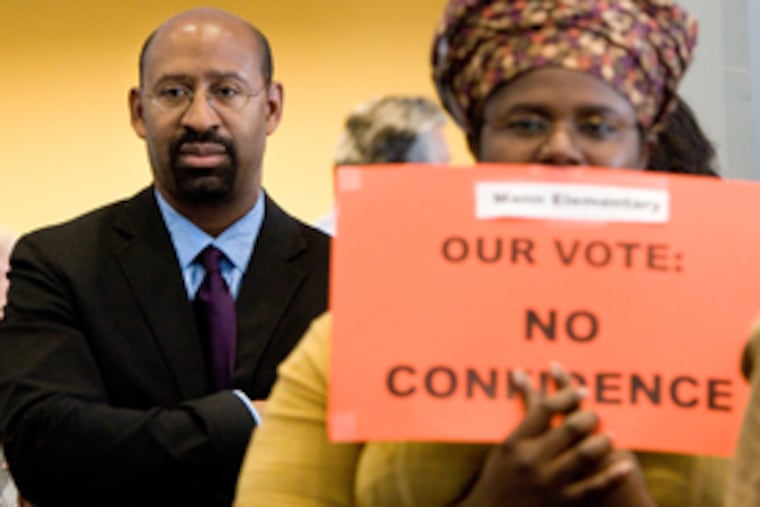 Two parents with children in the public school system, Cynthia Tucker and mayoral candidate Michael Nutter, attended the School Reform Commission meeting. The Phila. district budget is expected to make nearly $100 million in cuts in personnel, contracts and other areas.