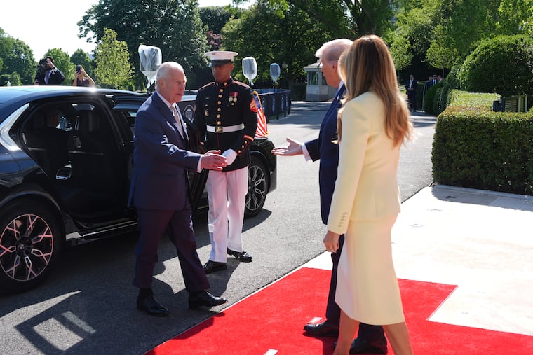 President Donald Trump and first lady Melania Trump greet Britain's King Charles III and Queen Camilla as they arrive at the White House, Monday, April 27, 2026, in Washington.