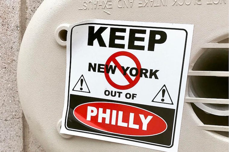 Anti-New York sentiments are displayed on this sticker seen on a South Philadelphia street in December 2017.
