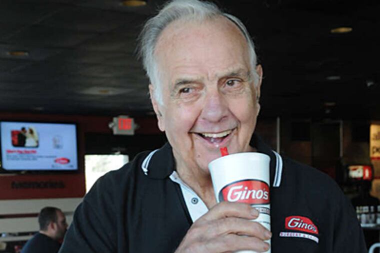 Gino Marchetti, founder of the once-popular Gino's fast-food chain, enjoys the fare at Gino's-King of Prussia. (Sarah J. Glover/Staff)