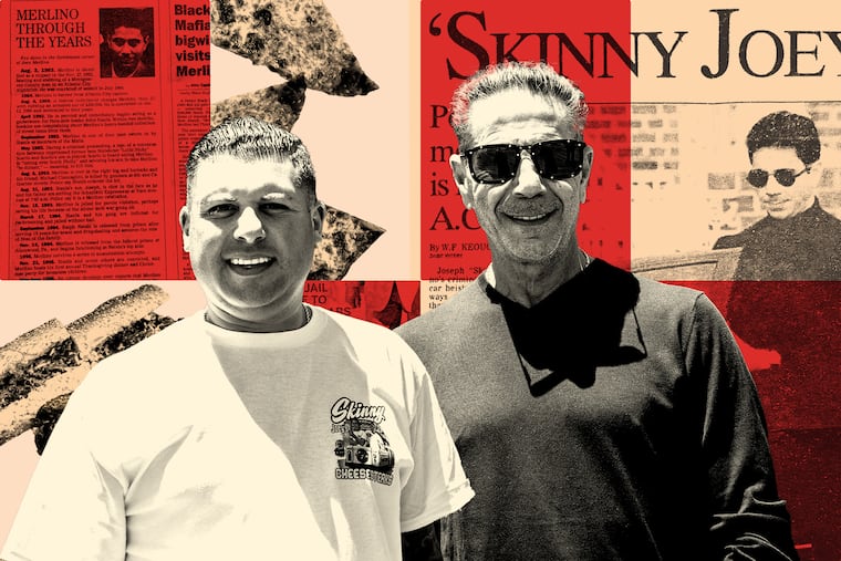 Joseph “Skinny Joey” Merlino (right) with his sidekick Joe “Lil Snuff” Perri Jr. Their cheesesteak shops wrap sandwiches in a collage of Merlino newspaper clips.