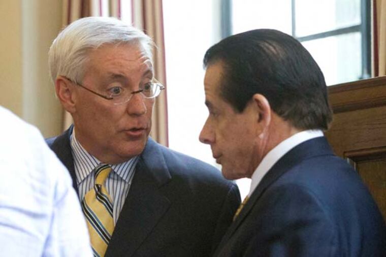 Joseph S. Martz (left), Executive Director of Girard Estate chats with Ronald R. Donatucci, President of Board of Directors of City Trust before news conference on the proposed cutbacks, June 3, 2013. ( DAVID M WARREN / Staff Photographer )
