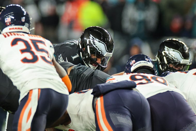 Eagles quarterback Jalen Hurts shown before a Tush Push play against the Bears on Black Friday.