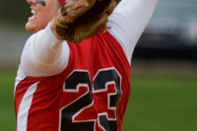 Archbishop Ryan's Sara Michalowski delivers a pitch against Conwell-Egan on Thursday. She fanned 16 batters in a 12-inning 4-2 loss. C-E winning pitcher Angel Bunner struck out 21 batters.